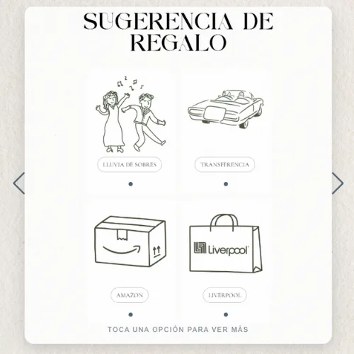Sección de sugerencia de regalo en invitación digital — opciones Amazon, Liverpool, transferencia y lluvia de sobres